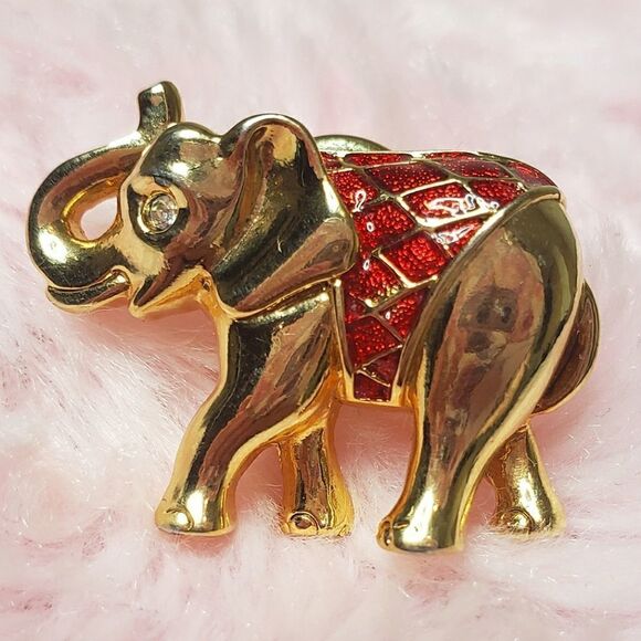 Vintage Mid Century Elephant Gold & Red W/ Rhinestone Avon - 010 - Picture 1 of 5